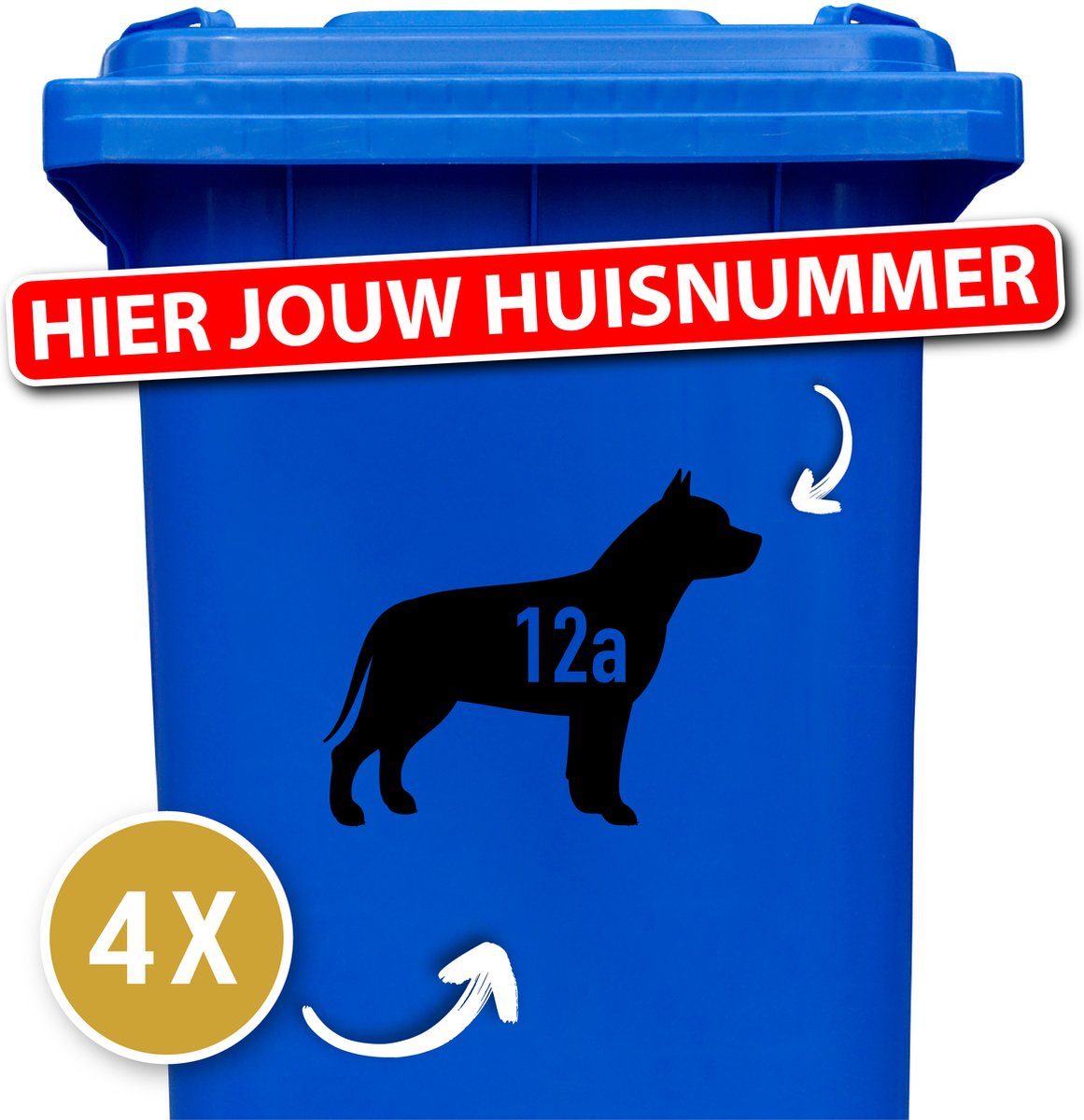 Container sticker - klikostickers - kliko sticker voordeelset - 4 stuks - Pitbull staand - container sticker huisnummer - zwart - vuilnisbak stickers - container sticker hond