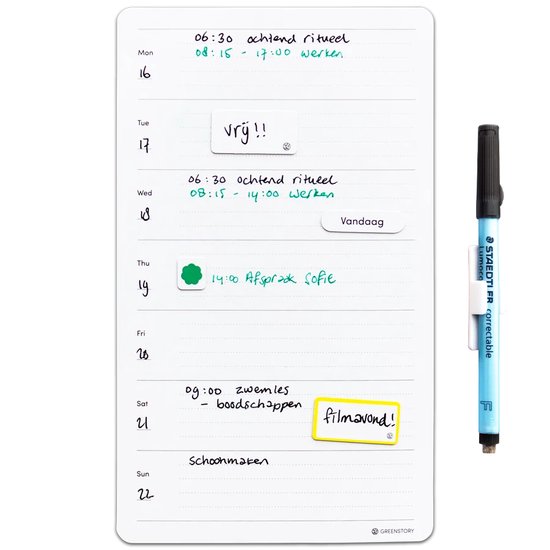 GreenStory - Weekplanner Whiteboard - Sticky Whiteboard - met Sticky Pen