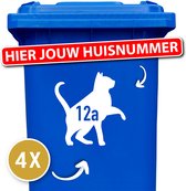 Container Sticker - Kat pootje met Huisnummer - 20 x 21 cm - 4 stuks - Wit - Container Sticker Kat - Klikostickers