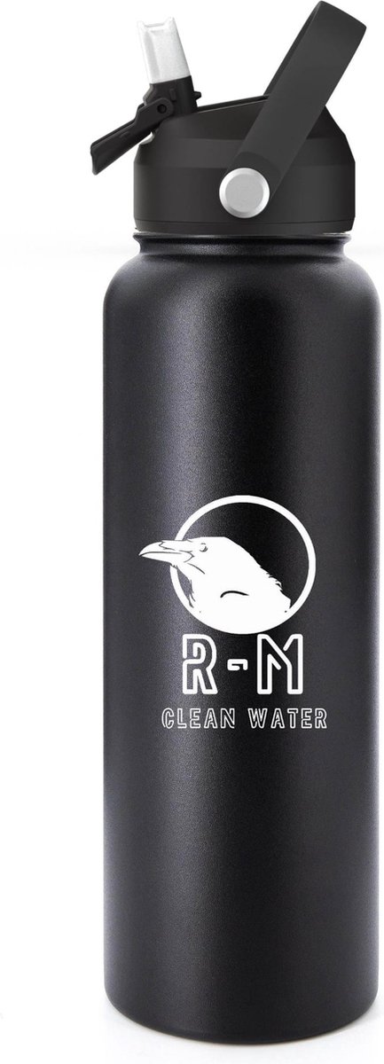 Raven-Merchandise-40oz Drinkfles met Wijde Mond-Dubbelwandige Geïsoleerde -Thermische Prestatie - Zwart Poedergecoat-Siliconen rietje met anti-stofdeksel