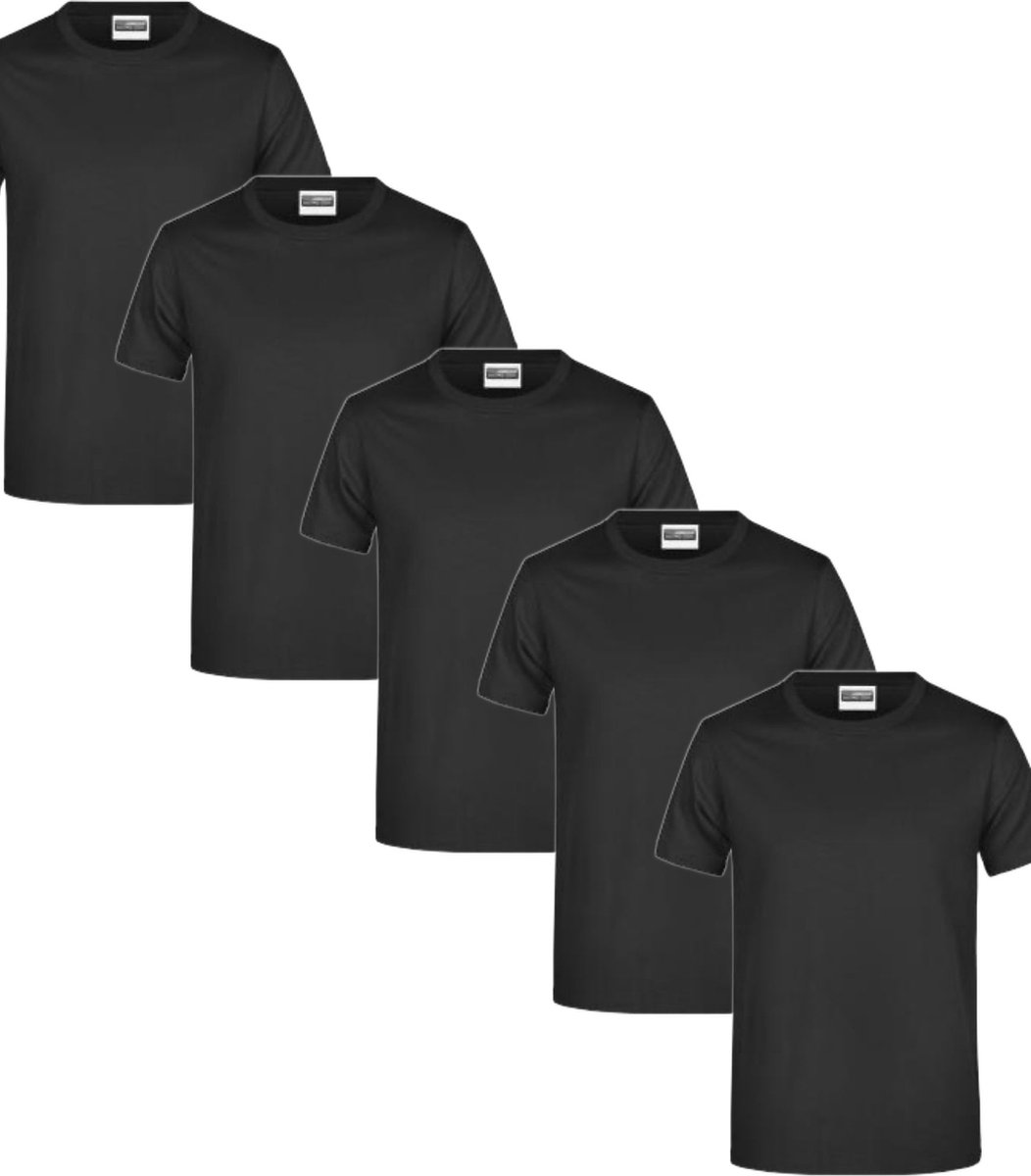 James & Nicholson 5 Pack Zwarte T-Shirts Heren, 100% Katoen Ronde Hals, Ondershirts Maat 3XL