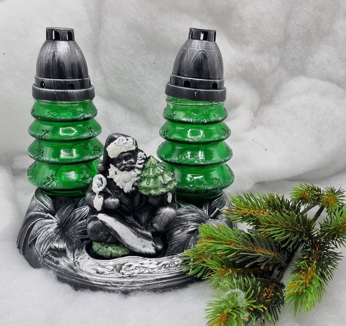 Herdenkingslichtjes Herdenkingslicht - Kerstman - met 2 Boompjes - Zilver - Grafkaars – Graflicht – Graflantaarn