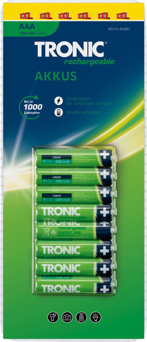 Piles rechargeables Tronic AAA 1000mAh, 1,2 V - Pack XXL de 8 - jusqu'à  1000 charges 