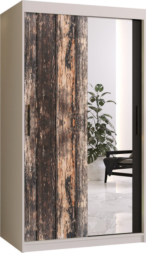 Zweefdeurkast met spiegel Kledingkast met 2 schuifdeuren Garderobekast slaapkamerkast Kledingstang met planken (LxHxP): 100x200x62 cm - PASTEUR II (Wit + oud houtpatroon, 100) met lades