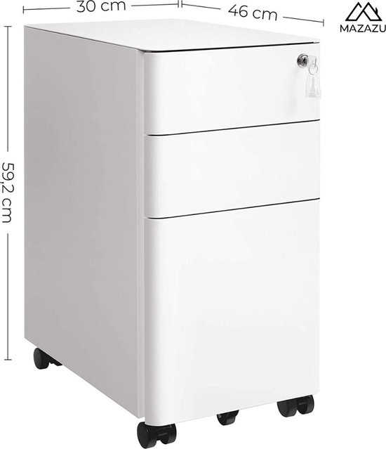 HOMSTEEL Rolcontainer, mobiele archiefkast met slot, 4 sleutels, 3 laden, kantoorkast van metaal, al voorgemonteerd, voor kantoor, thuiskantoor, wit