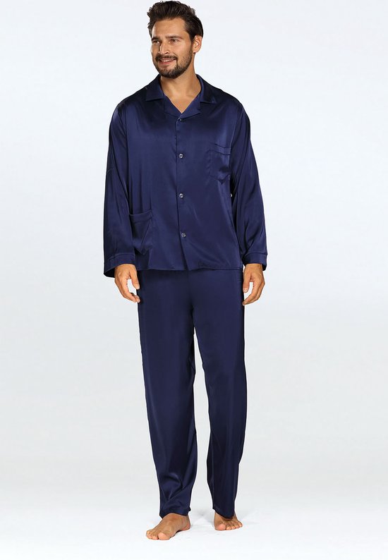 Elegante satijnen herenpyjama -Satijn pyjama heren met knoopsluiting - Lange Mouw Lange Broek pyjama - DKaren Noah - marineblauw M