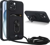 Cadorabo Telefoonketting Hoesje met standfunctie geschikt voor Apple iPhone 15 PLUS in ZWART - Siliconen beschermhoes met verstelbare koordband
