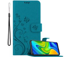 Cadorabo Hoesje geschikt voor Xiaomi RedMi NOTE 9 in BLOEMEN BLAUW - Beschermhoes in bloemmotief met magnetische sluiting, standfunctie en kaartsleuven Book Case Cover Etui