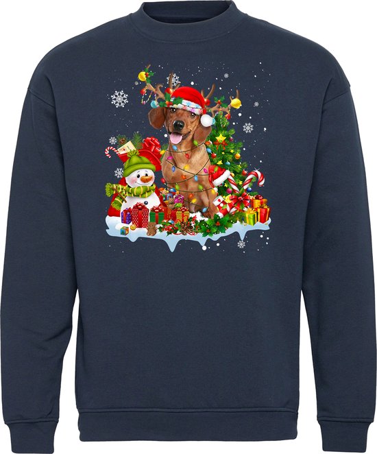 Pull de Noël Teckel de Noël | Ugly Christmas Pull Femme Homme | cadeau de Noël | Paquet de Noël | Marine | taille XL