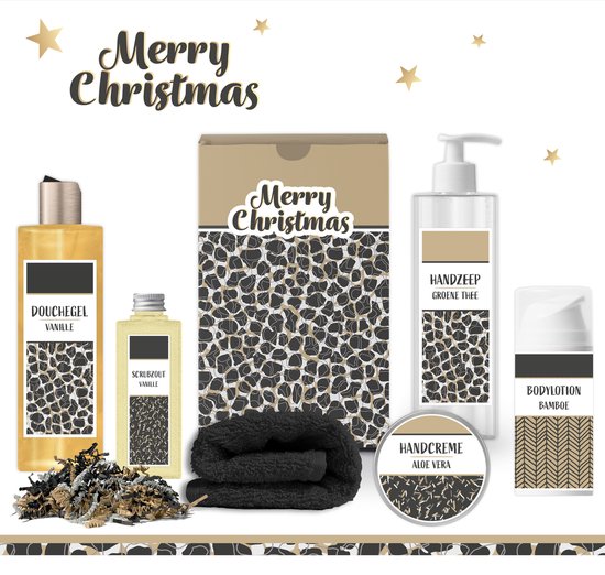 Foto: Geschenkset merry christmas 7 producten 850 gram giftset voor haar luxe cadeaubox wellness set cadeaupakket cadeau vrouw vriendin zus moeder mama verjaardag kerstpakket kerstcadeau zwart kerst geschenk goud