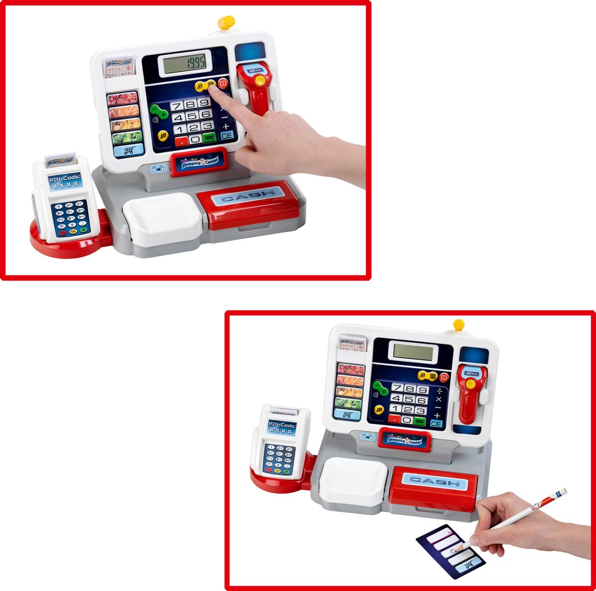 Klein Toys elektronische kassa - afneembare tablet, rekenmachinefunctie, scanner, kaartlezer en een kassa vol speelgeld - 33,42x16,83x22,33 cm - incl. soundbar - grijs rood — afbeelding 9