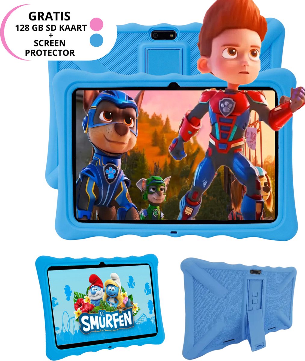 Zentek - Kindertablet vanaf 3 jaar- Ouderlijk Toezicht - Full HD Scherm - 10 inch Android Tablet - 100%Kidsproof - Incl 128GB SD-kaart + screenprotector en beschermhoes – Roze of Blauw