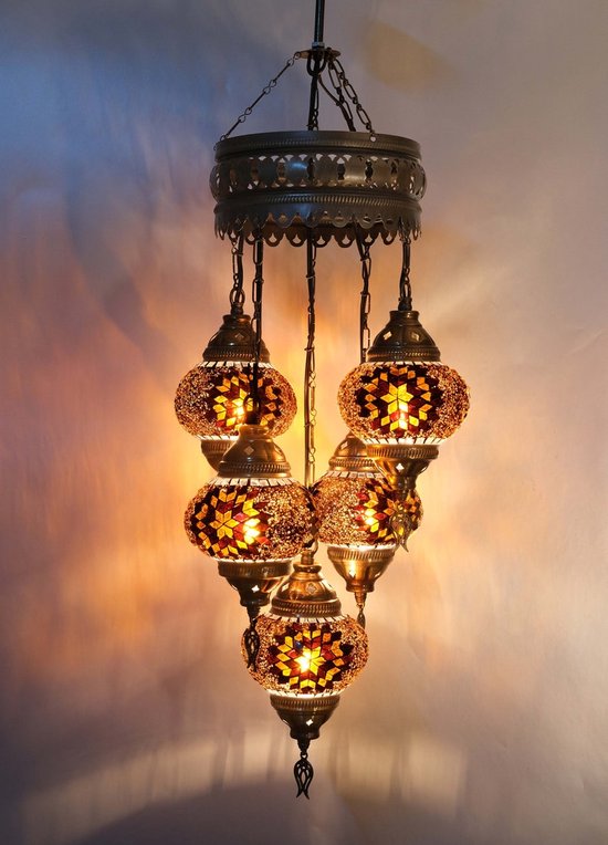 5 globe bollenTurkse hanglamp Oosterse kroonluchter bruin oranje mozaïek glas