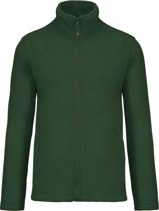 Donkergroene fleece jas met rits en opstaande kraag.