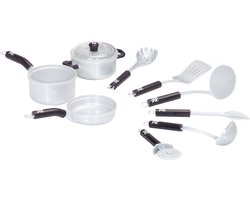 Klein Toys WMF 9-delige keukenset - stevige pan, 2 steelpannen met 1 deksel en hoogwaardig speelgoedkeukengerei - grijs zwart
