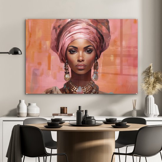 MuchoWow® Peinture sur verre 120x80 cm - Peinture sur verre acrylique - Art - Femme - Rose - Bijoux - Portrait - Photo sur verre - Décoration murale salon - Décoration murale chambre - Peintures
