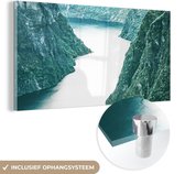 MuchoWow® Glasschilderij 160x80 cm - Schilderij acrylglas - Natuur - Bergen - Groen - Rivier - Foto op glas - Schilderijen