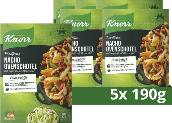 Vooraanzicht van vijf Knorr Nacho Ovenschotel Foodtrips verpakkingen, met '5x 190g' vermeld.