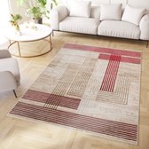 Tapiso Crystal Vloerkleed Beige Rood Lijnen 3D Effect Tapijt Maat- 200x300