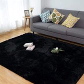 Vloerkleed voor de woonkamer, zacht, shaggy slaapkamer, antislip onderkant, wollig, modern tapijt, shaggy hoogpolig tapijt, loper, tapijt, 90 x 150 cm, zwart