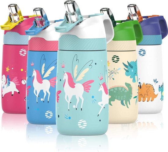 Drinkfles voor kinderen, roestvrij staal, 350 ml, geel, lekvrije sluiting met rietje en handvat voor kinderen, lekvrije drinkfles met rietje, milieuvriendelijke roestvrijstalen waterfles, ideale