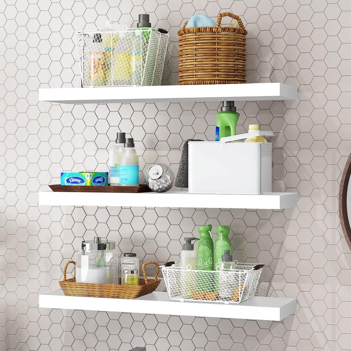 Witte zwevende wandplank met nagelset van 5 planken voor de kinderkamer, fotorek