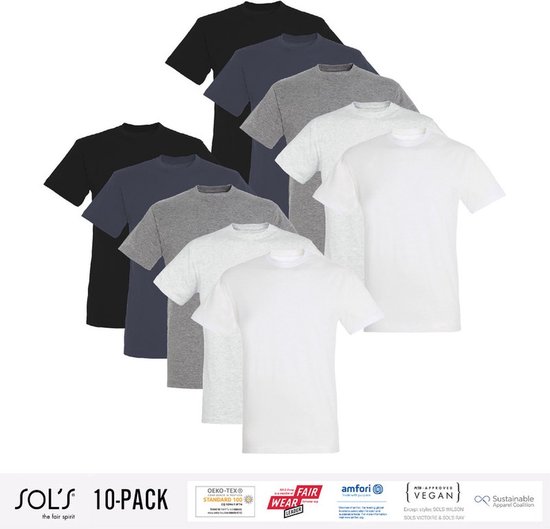 10 Pack Sol's Heren T-Shirt 100% biologisch katoen Ronde hals Wit, Zwart, Grijs, Lichtgrijs, Donkergrijs Maat 4XL