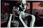 Dibond - Vrouw - Restauraunt - Mensen - Wijn - Drinken - 75x50 cm Foto op Aluminium (Met Ophangsysteem)