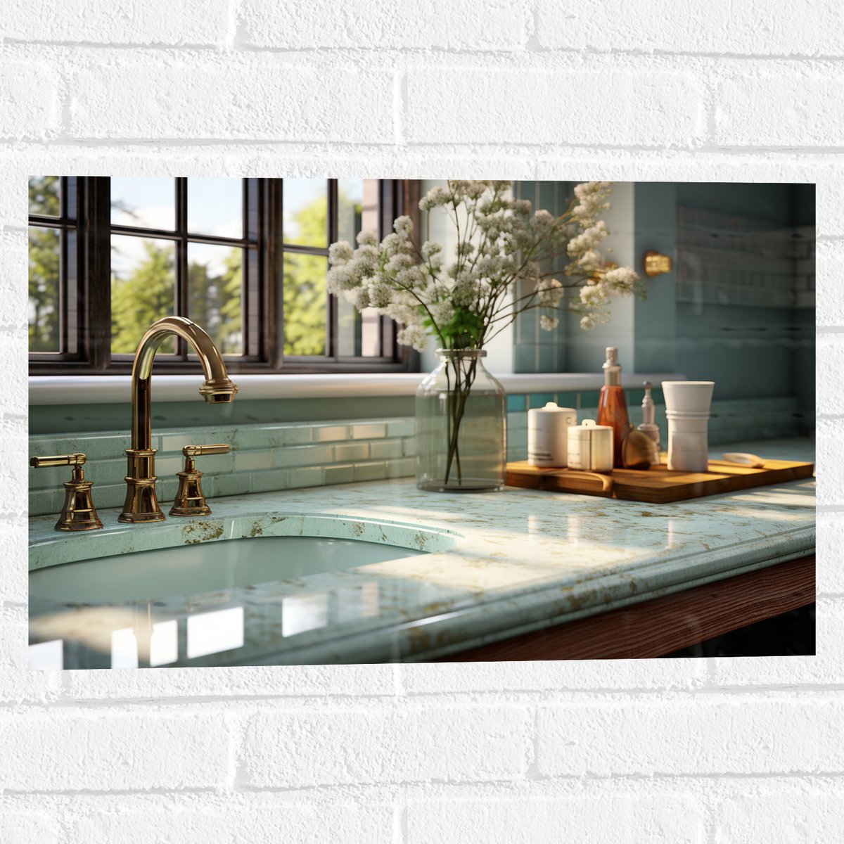 Muursticker - Keuken - Aanrecht - Wasbak - Bloemen - Raam - Kraan - Marmer - Goud - 60x40