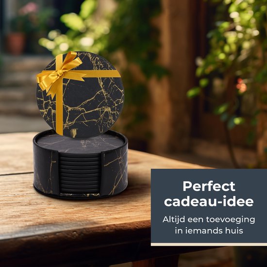 Sous-verres de verre Castagnola en similicuir avec support - Sous-verres de verre pour Verres - Design de Sous-verres - Ensemble de sous-verres - Sous-verres de verre - Similicuir - Sous-verres en cuir - Set de 10 - Zwart/ Or