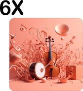 BWK Stevige Placemat - Zalm Oranje Kleurige Muziek - Set van 6 Placemats - 40x40 cm - 1 mm dik Polystyreen - Afneembaar