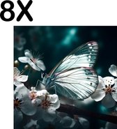 BWK Textiele Placemat - Witte Vlinder op Witte Bloemen in een Donkere Omgeving - Set van 8 Placemats - 50x50 cm - Polyester Stof - Afneembaar