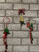 Metalen Kersthangers "Kerstboom / Ster en Strik met gouden boom" - Set van 3 stuks - meerkleurig - hoogte 42x9x1/32x15x1/19x9x1cm - Woonaccessoires - Decoratieve hangers - Kersthangers