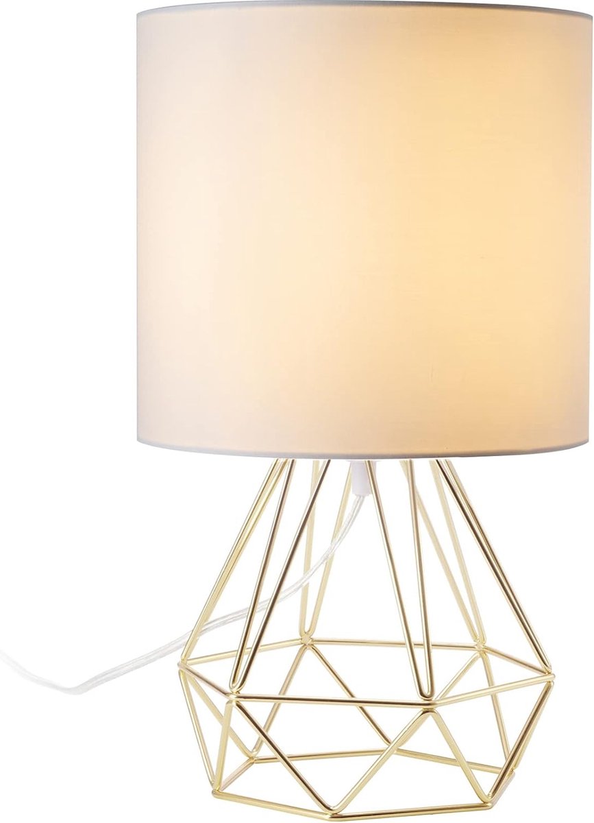 SHOP YOLO-tafellampen-nachtkastje tafellamp voor slaapkamer woonkamer-Lamp kooi vorm met chroom afwerking en witte kap