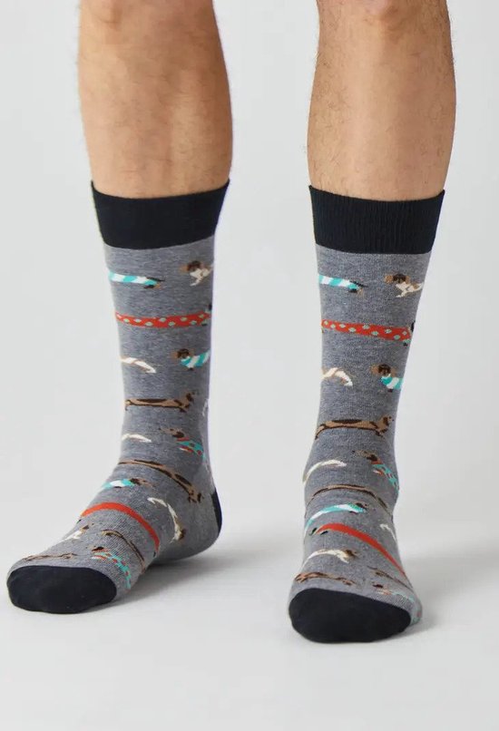 Chaussettes drôles Grijs avec Teckels en coton Bio taille 36-40 - Teckels - Doux - Cadeau Trendy - Cadeau Trendy - Anniversaire - Cadeau
