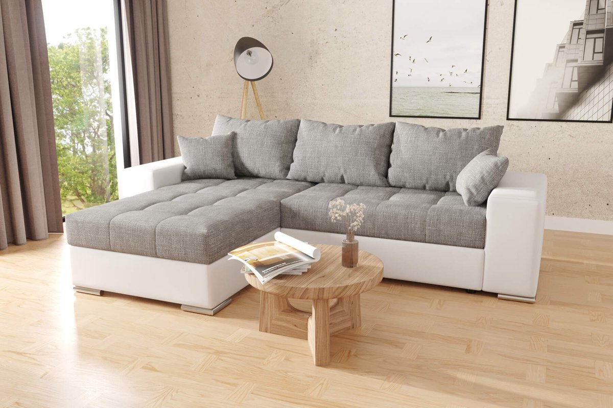 hoekbank josua L- grijs+wit- met opbergruimte en slaapfunctie- seatsandbeds