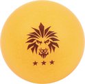 Oranje 3-ster tafeltennisbal met een bruin leeuwenlogo en drie sterren.