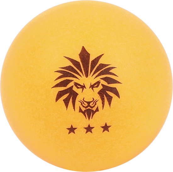 Oranje 3-ster tafeltennisbal met een bruin leeuwenlogo en drie sterren.