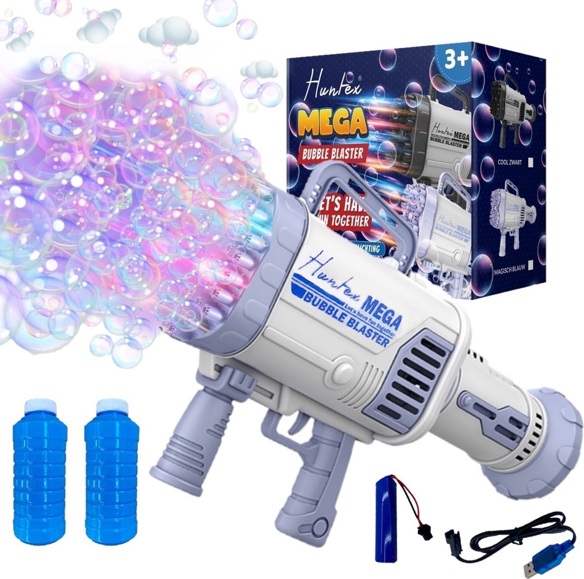 Huntex Mega Bubble Blaster - XXL 64 Holes Blauw - Met Led-Verlichting - Extra Bellenblaas Navulling - Bellenblaas Pistool - Machine - Bruiloft - Groot - Bubble gun