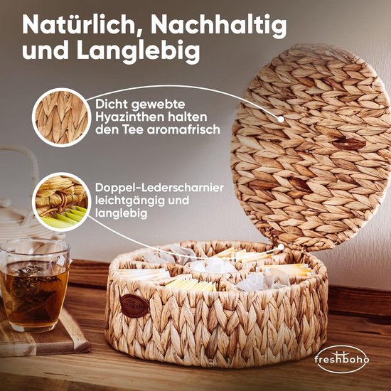 HMF Theedoos voor theezakjes gevlochten uit zeegras, thee opbergdoos met 8 grote vakken | 33 x 21 x 10 cm