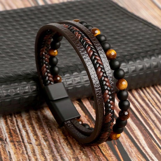 Bracelet Cuir - marron-noir - couleur élégance Cuir - Perles - Femme - Set - Bijoulégance