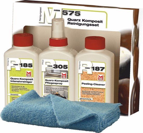 HMK 575 reinigingsset voor kwartscomposiet met drie flessen met rode doppen en een blauwe microvezeldoek.