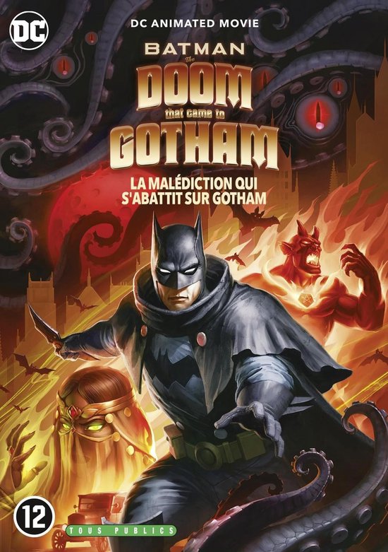 DVD-hoes met Batman, de demon Mazel, en een vrouw met een gouden hoofdband omringd door tentakels en vleermuizen. Titel: Batman The Doom That Came To Gotham.