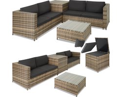 tectake® Wicker zitgroep - Tuinmeubelset - 2 banken met extra dikke kussens - Tafel met glazen blad - Tuinmeubelen voor terras - Tuin - Balkon - Buitenmeubels - Inclusief opbergbox - Maximale belasting bank 200 kg en tafel 45 kg - Beige tectake® Wicker zitgroep - Tuinmeubelset - 2 banken met extra dikke kussens - Tafel met glazen blad - Tuinmeubelen voor terras - Tuin - Balkon - Buitenmeubels - Inclusief opbergbox - Maximale belasting bank 200 kg en tafel 45 kg - Beige