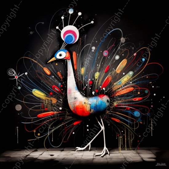 JJ-Art (Glas) 100x100 | Grappige pauw, Joan Miro stijl, modern surrealisme, kleurrijk, abstract, kunst | dier, vogel, humor, blauw, geel, zwart, wit, rood, vierkant | Foto-schilderij-glasschilderij-acrylglas-acrylaat-wanddecoratie