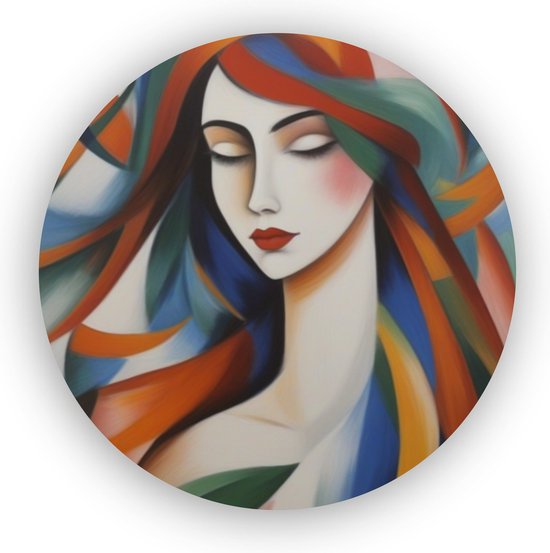 Vrouw in de stijl van Franz Marc - Schilderij vrouw - Franz Marc schilderijen - Kleurrijke kunst - Muurcirkel vrouw - Wanddecoratie dibond - 90 x 90 cm 3mm