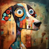 JJ-Art (Glas) 60x60 | Grappige hond, modern surrealisme, kleurrijk, abstract, kunst | dier, portret, Kandinsky, blauw, geel, bruin, rood, vierkant, modern | Foto-schilderij-glasschilderij-acrylglas-acrylaat-wanddecoratie