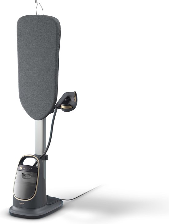 Philips 8500-serie stoomstrijkijzer met strijkplank staand en strijkijzer opgehangen.