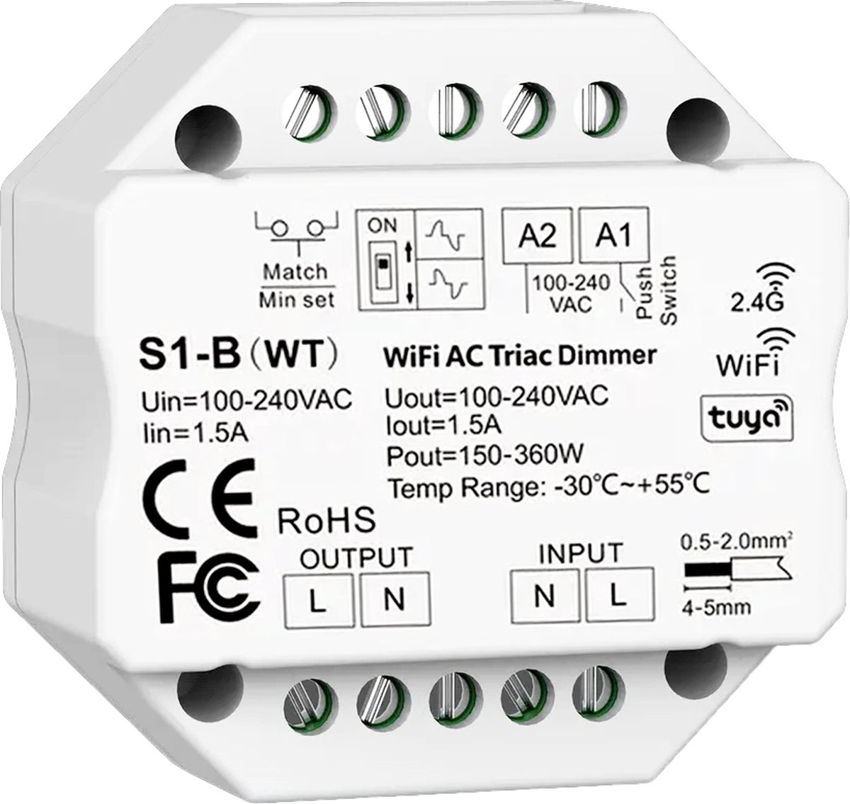 WiFi LED Push Dimmer - 200W - Fase afsnijding & Fase aansnijding - 2.4G - Beschermd tegen Overbelasting & Oververhitting - Universeel