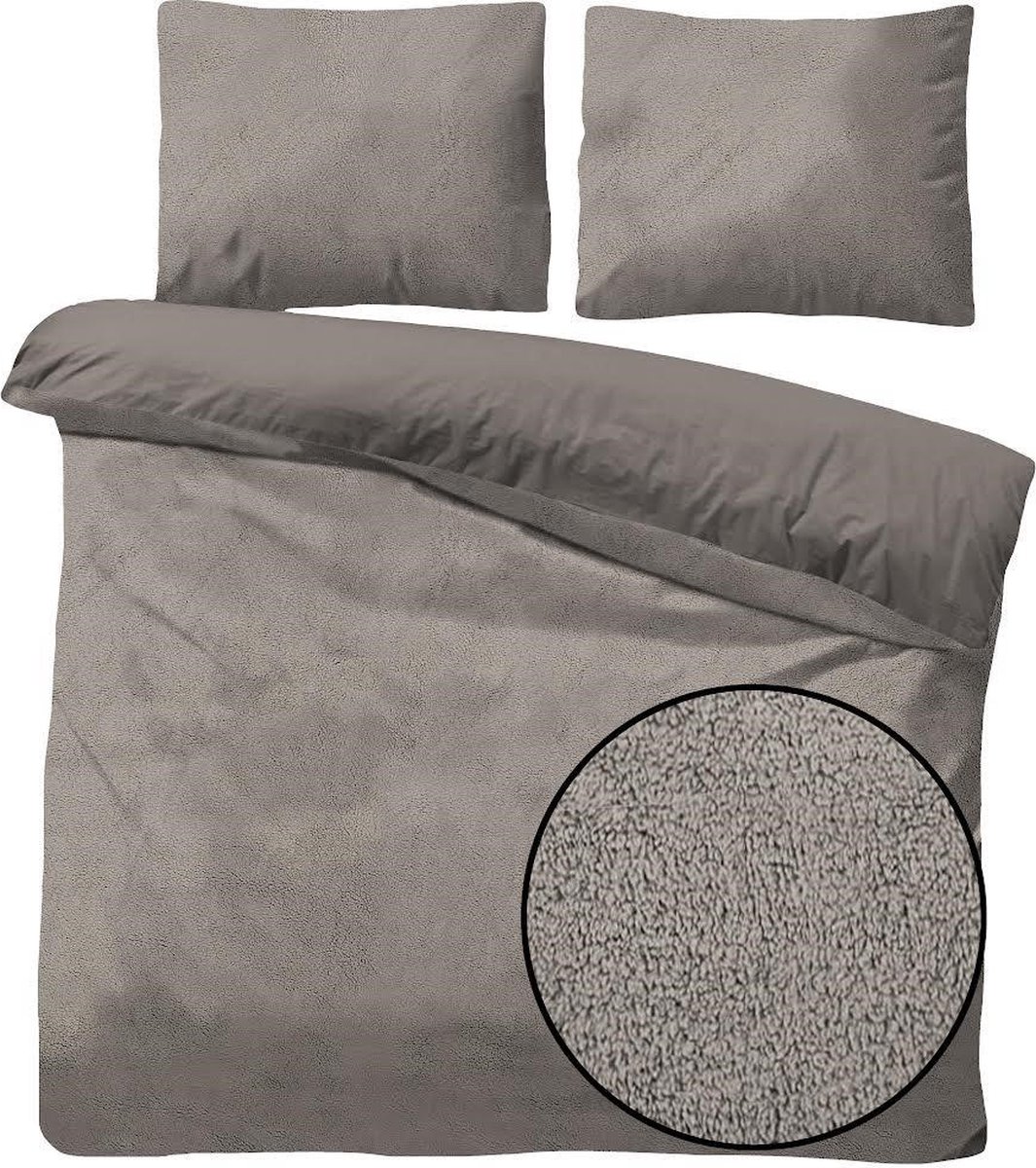 Husch Teddy Fleece Dekbedovertrek Taupe - Tweepersoons - 200x200/220 cm - Heerlijk Zachte Teddy